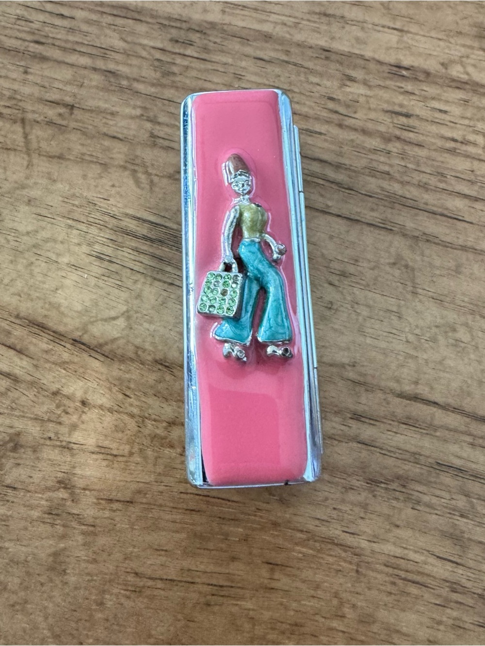 Pink Enamel Roller Girl lipstick vase with mirror